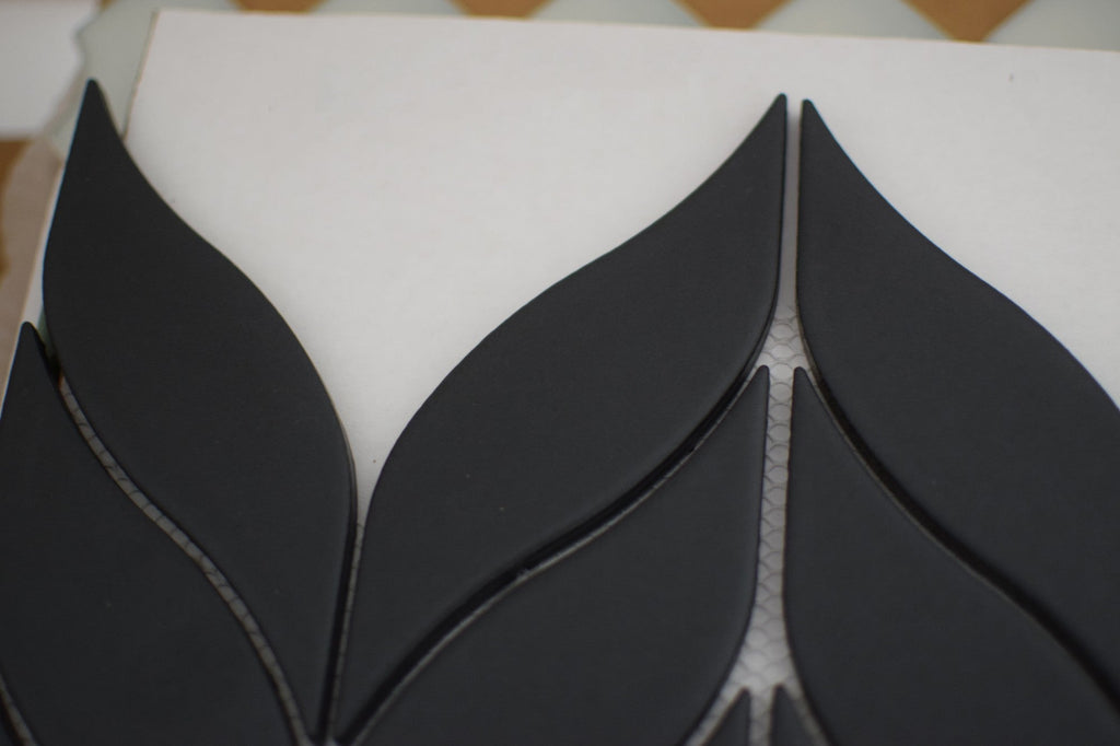 Closeup of Matte Black Leaf Ceramic Mosaic Tile