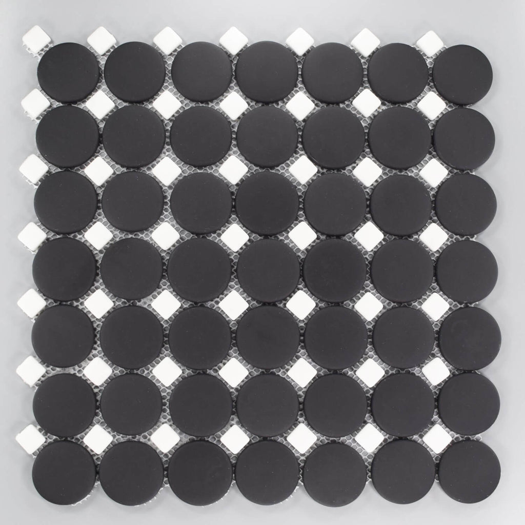 Matte Black Glass Circle Mosaic Tile with White Accent Dot