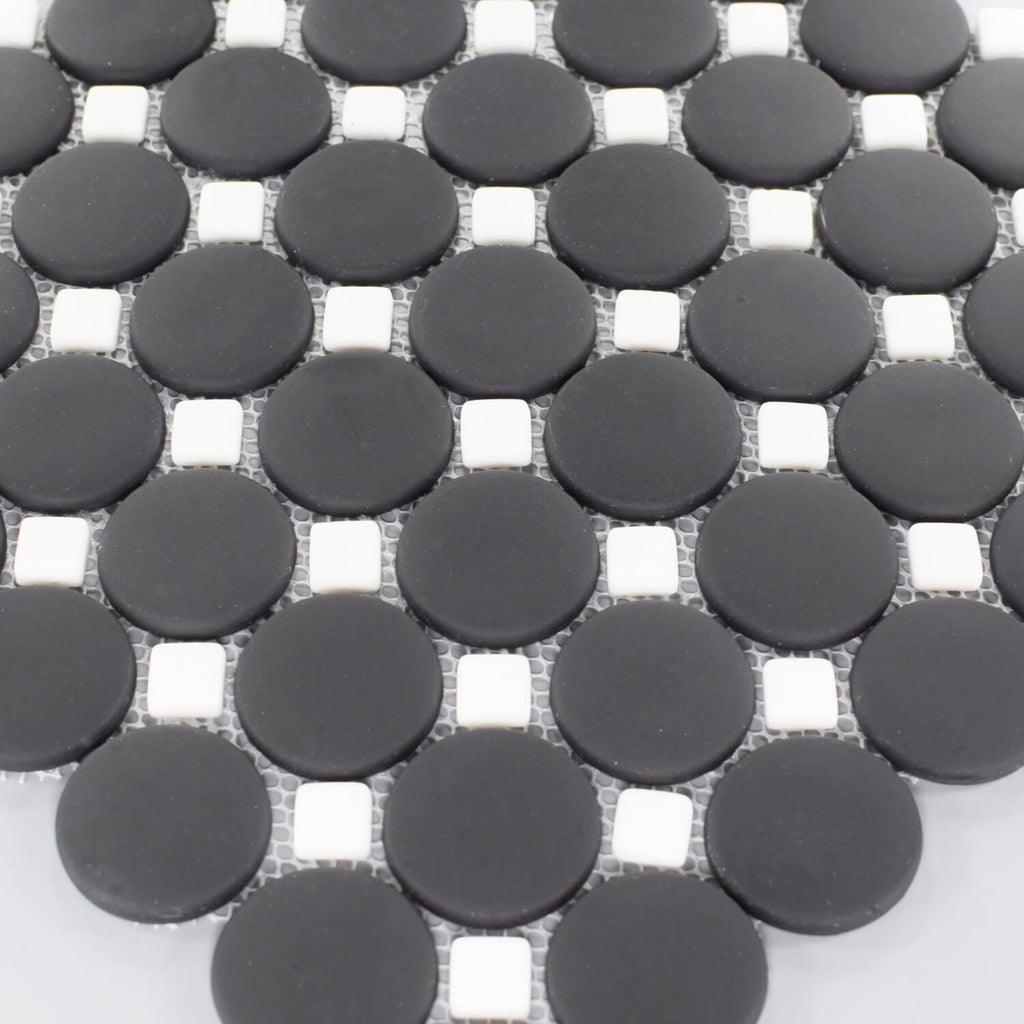 Matte Black Glass Circle Mosaic Tile with White Accent Dot
