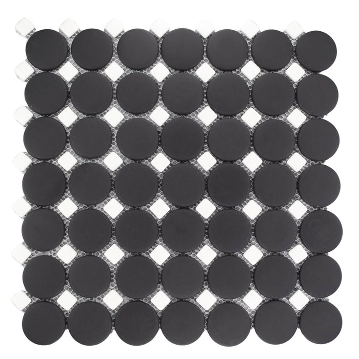 Matte Black Glass Circle Mosaic Tile with White Accent Dot