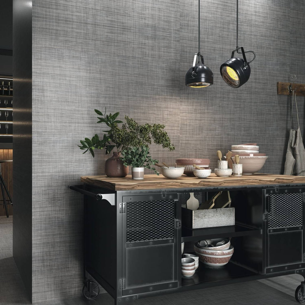 Accent Wall Featuring Charcoal Grey Fabric Look Porcelain 12x24 Tile