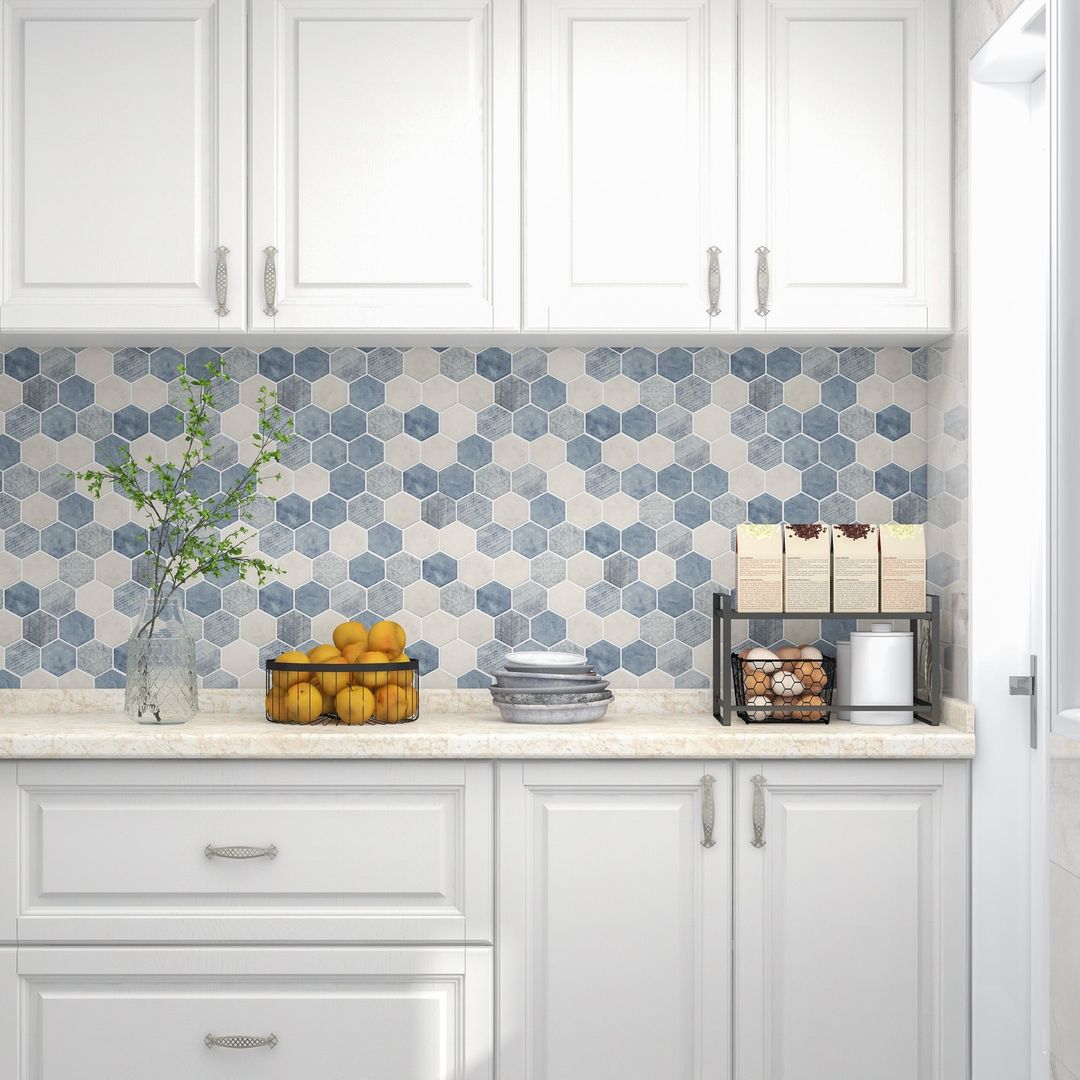 Matte Denim Blue and Ash White Patterned Glass Hexagon Mosaic Tile - TileBuys