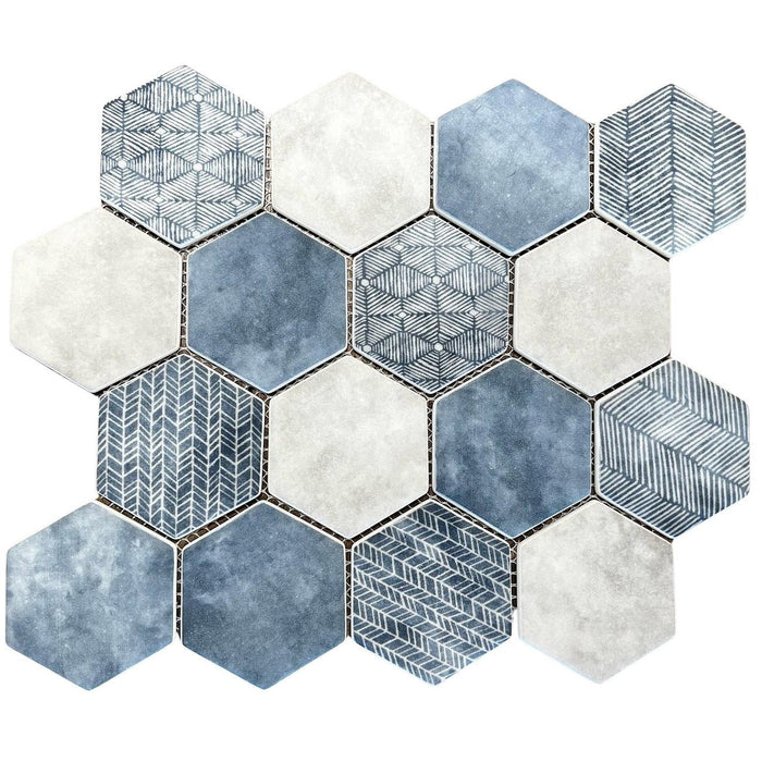 Matte Denim Blue and Ash White Patterned Glass Hexagon Mosaic Tile - TileBuys