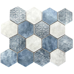 Matte Denim Blue and Ash White Patterned Glass Hexagon Mosaic Tile - TileBuys