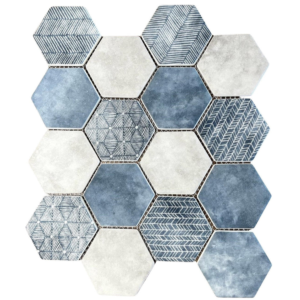 Denim Pattern Repeat Tile Matte Denim Blue and Ash White Patterned Glass Hexagon Mosaic Tile ...