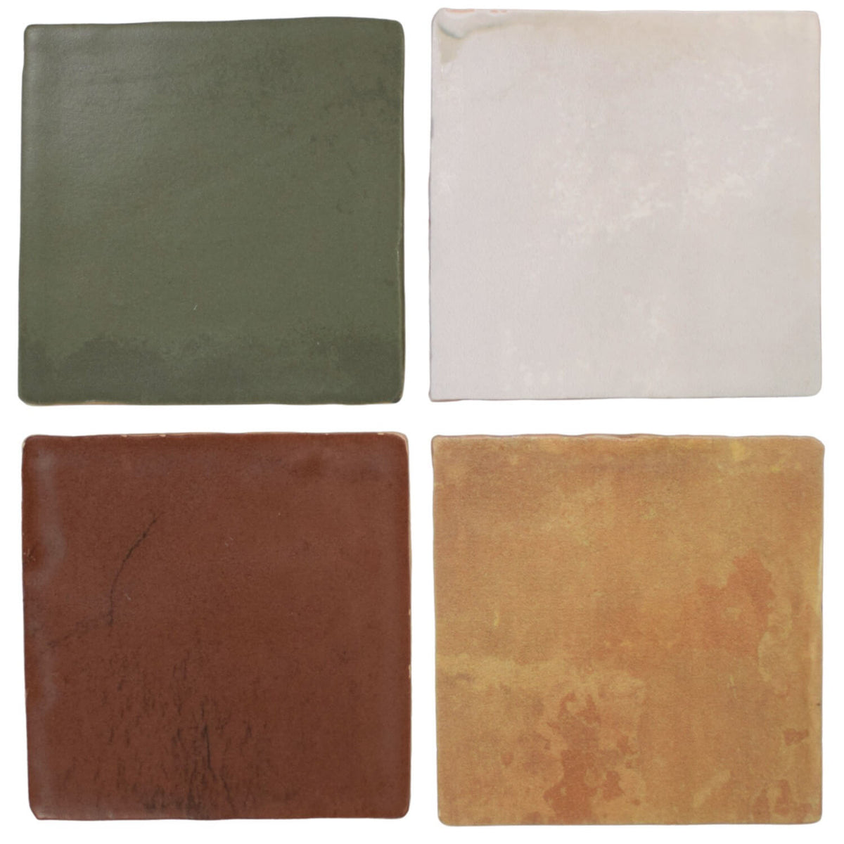 Matte 4x4 Ceramic Tiles in Kale Green, White, Sienna Brown and Orange