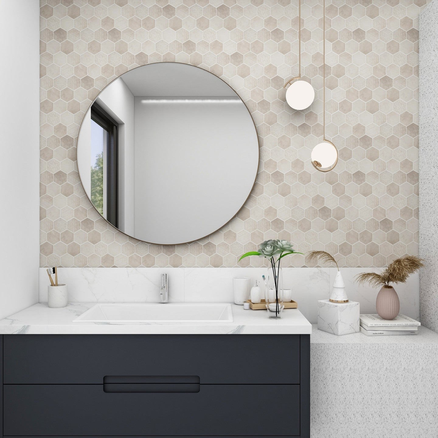Sand Color Matte Patterned Glass Hexagon Mosaic Tile Bathroom Backsplash