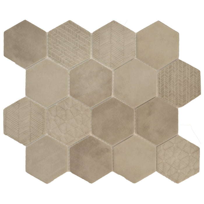 Sand Color Matte Patterned Glass Hexagon Mosaic Tile