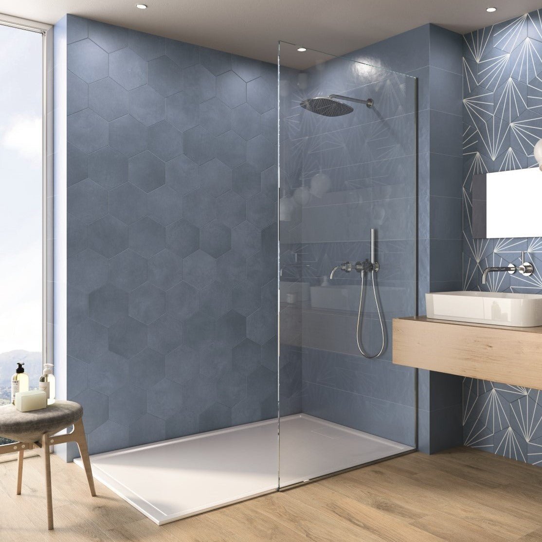 Matte Sapphire Blue 9x10" Hexagon Porcelain Tile Shower
