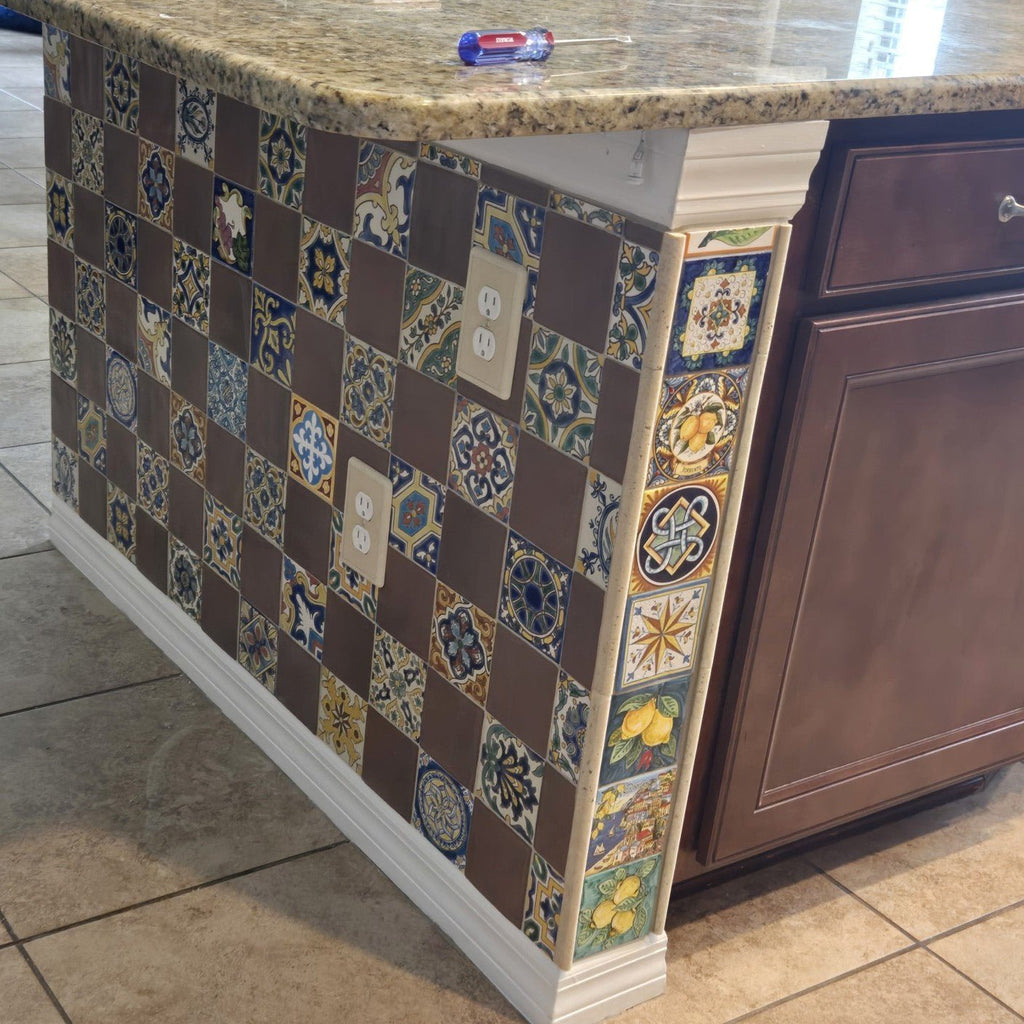 Tiled Countertop Featuring Deco Tiles and Matte Sienna Brown Terracotta Look Ceramic 4x4 Tile