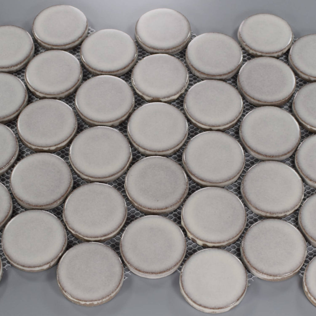 Closeup of Matte Silver Gray Penny Mosaic Tile