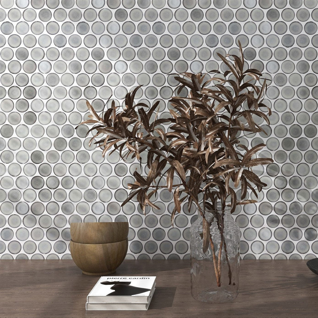 Matte Silver Gray Penny Tile Wall