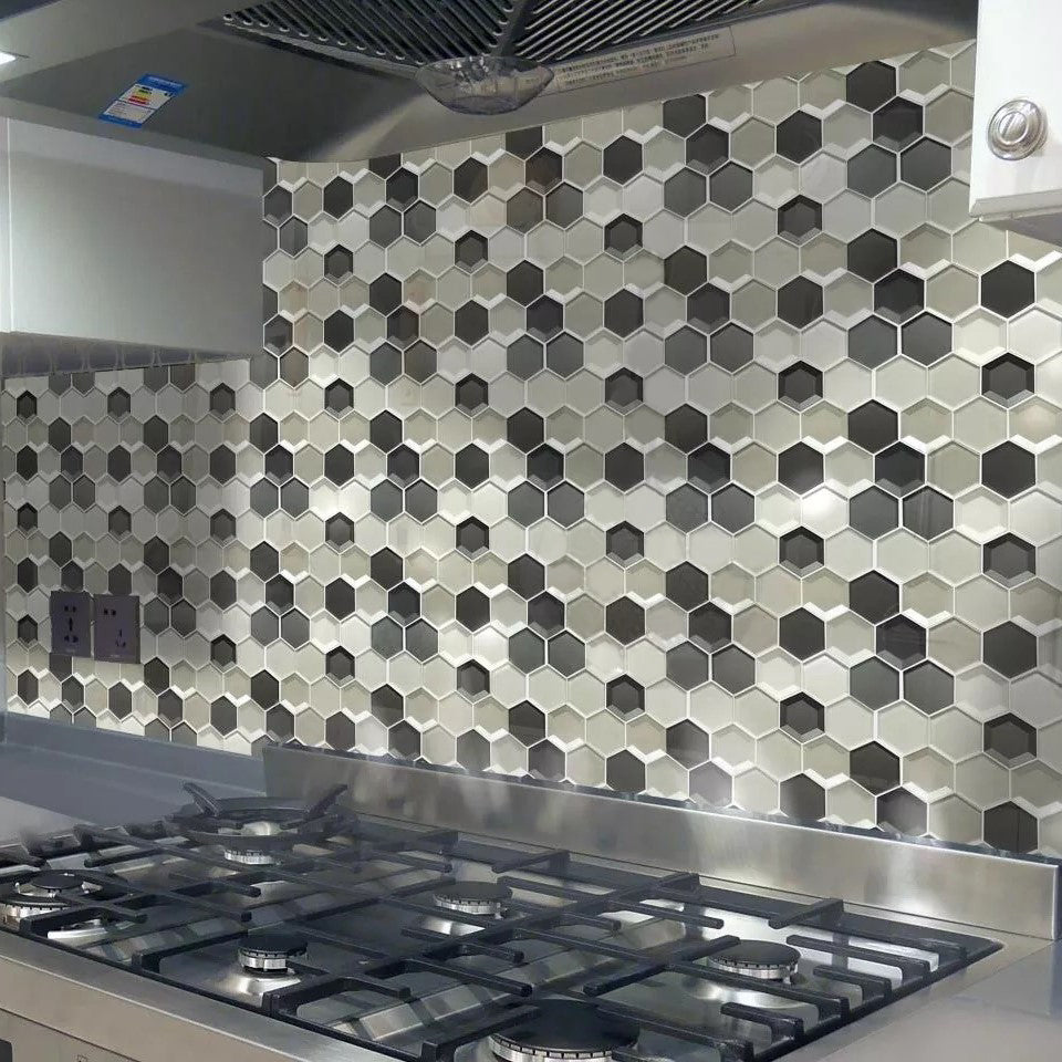 Matte Black and Grey 3D Hexagon Glass Mosaic Tile