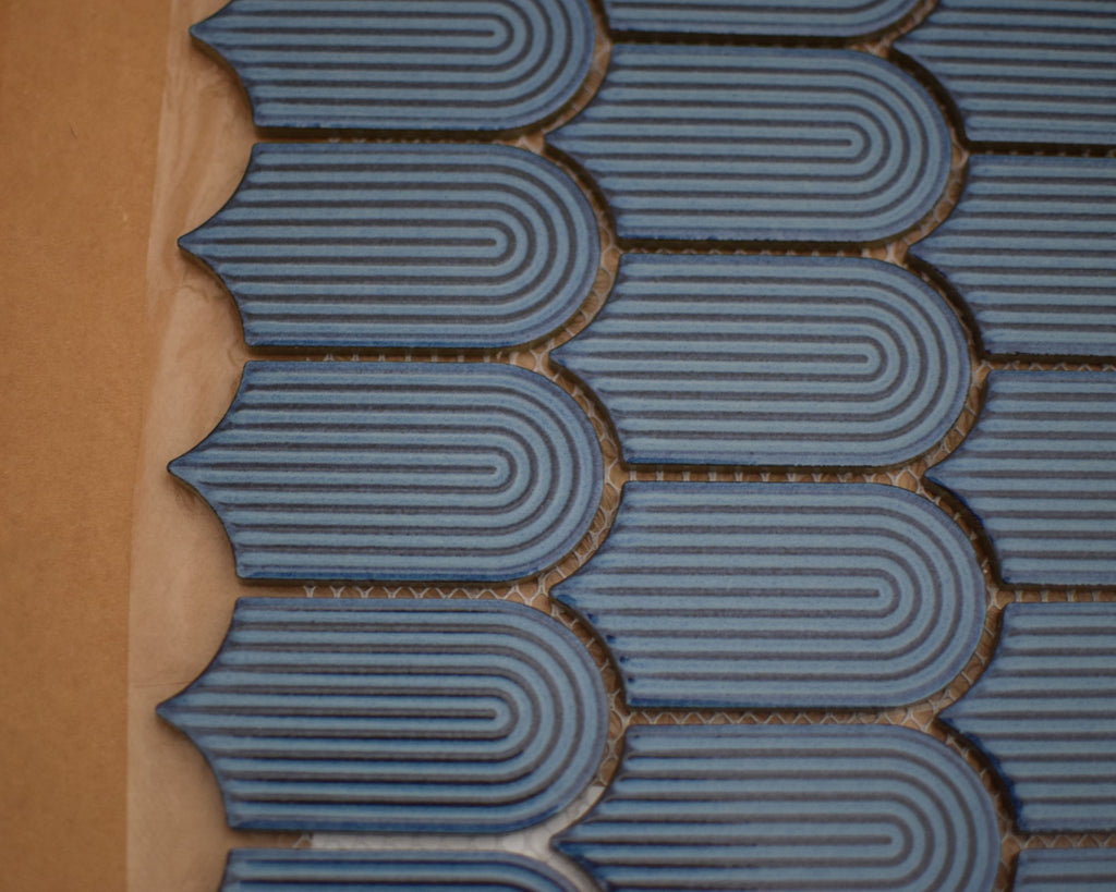 Matte Blue Ceramic Elongated Fish Scale Mosaic Tile