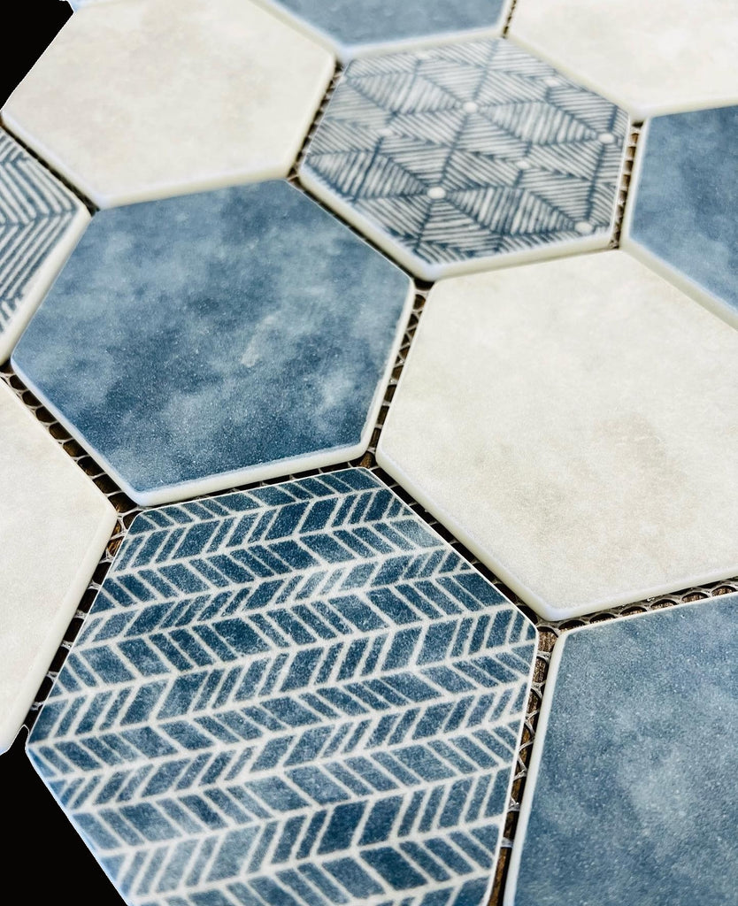 Matte Denim Blue and Ash White Patterned Glass Hexagon Mosaic Tile
