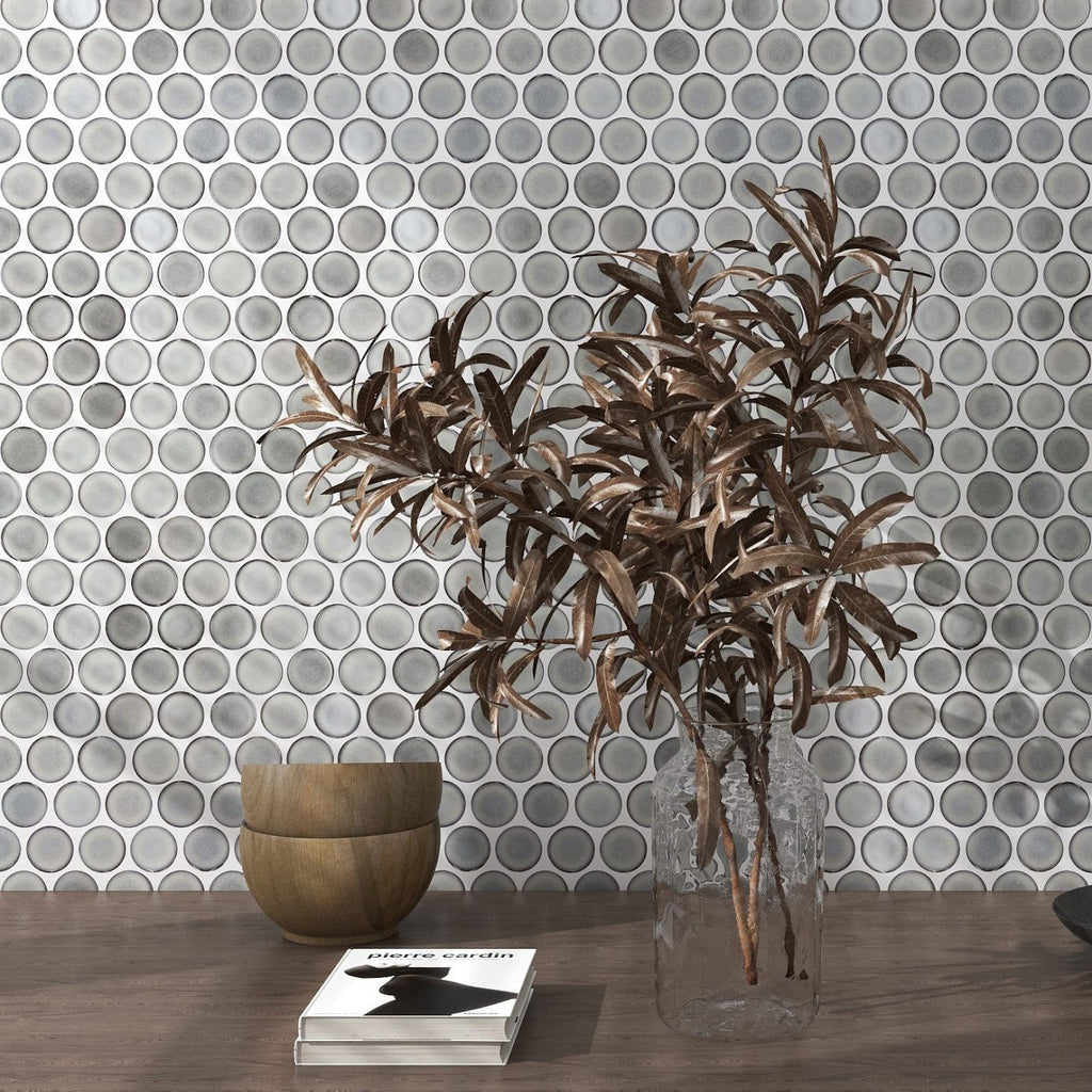Matte Silver Gray Penny Tile Wall
