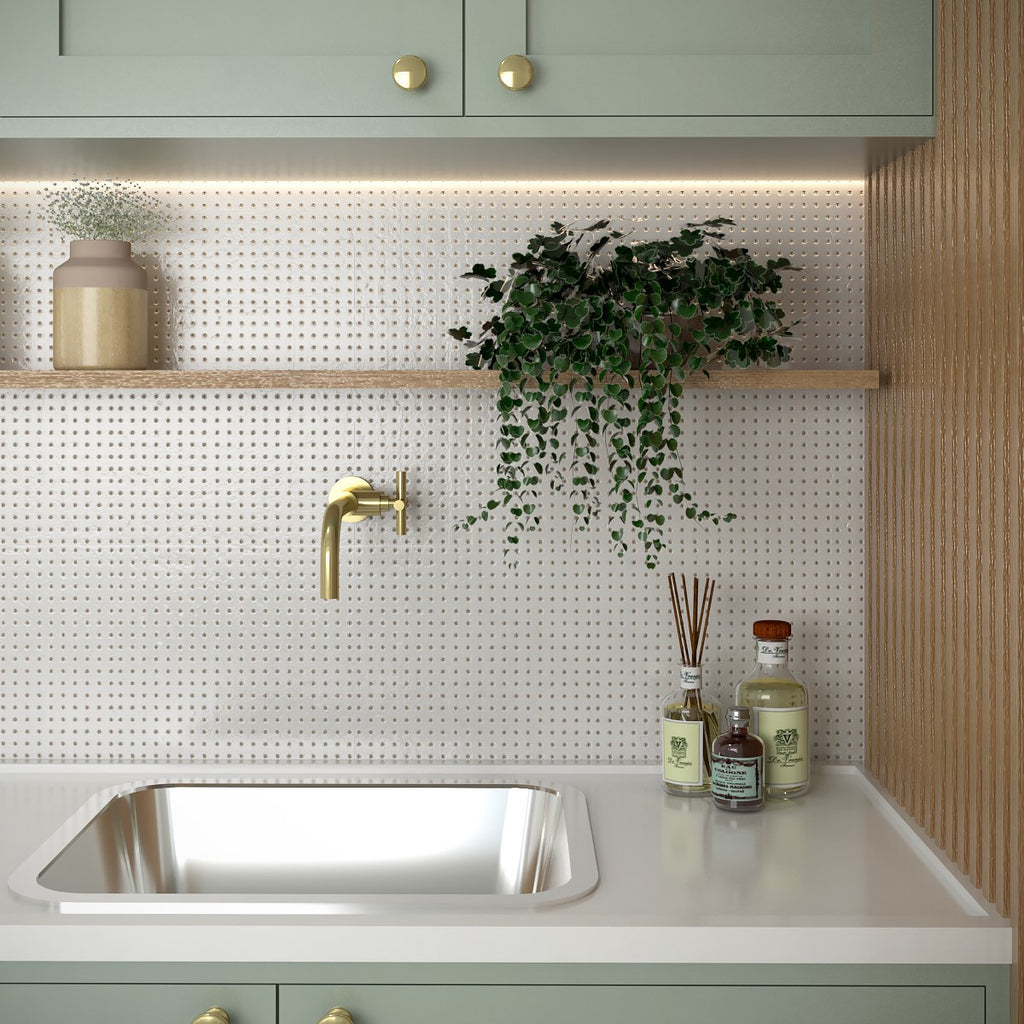 Matte White 12 x 12 Wall Tile with Gold Dots in Grid Pattern
