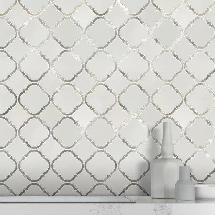 White Thassos Marble & Grey Metal Arabesque Waterjet Mosaic Tile