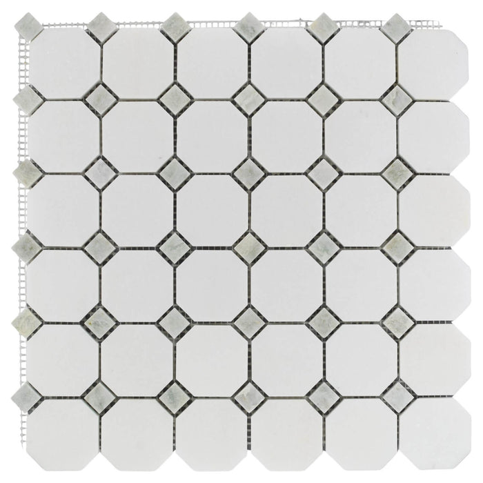 Thassos White Marble Octagon Mosaic Tile With Ming Green Diamond Accents