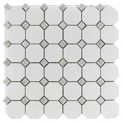 Thassos White Marble Octagon Mosaic Tile With Ming Green Diamond Accents