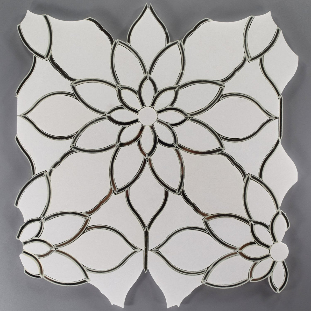 Mirror Glass &amp; White Thassos Marble Floral Waterjet Mosaic Tile | TileBuys