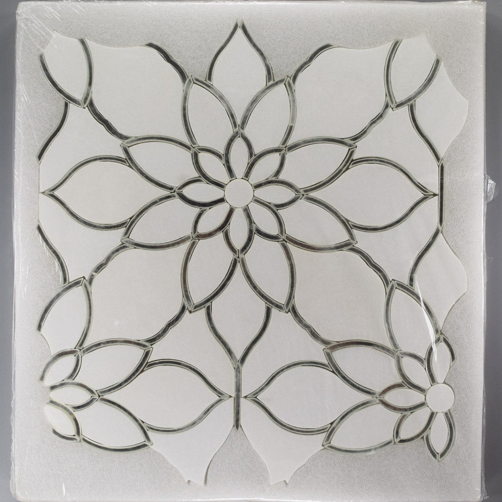 Mirror Glass & White Thassos Marble Floral Waterjet Mosaic Tile | TileBuys