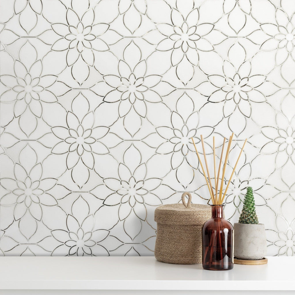 Mirror Glass & White Thassos Marble Floral Waterjet Mosaic Tile Backsplash