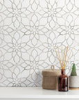 Mirror Glass & White Thassos Marble Floral Waterjet Mosaic Tile Backsplash