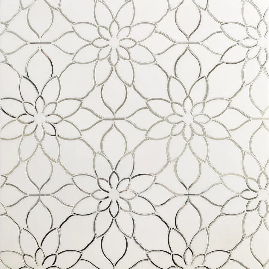 Mirror Glass & White Thassos Marble Floral Waterjet Mosaic Tile