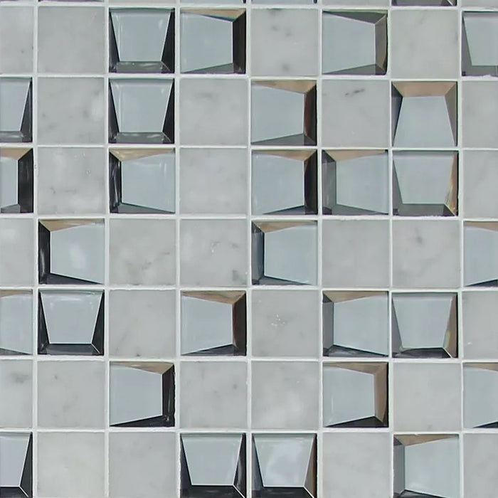 Bianco Carrara Marble and Glass Modern Cube 3D Mosaic Tile