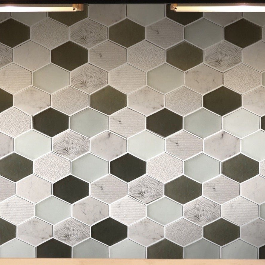 Natural Stone & Glass Mosaic Backsplash Tile in Panache Retro Hexagon - TileBuys