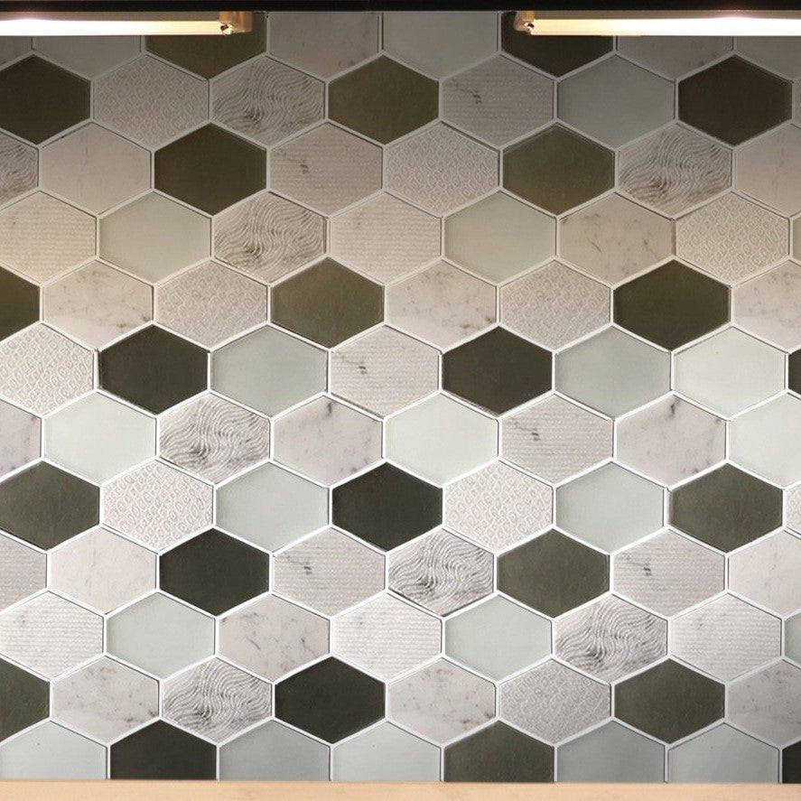 Natural Stone & Glass Mosaic Backsplash Tile in Panache Retro Hexagon