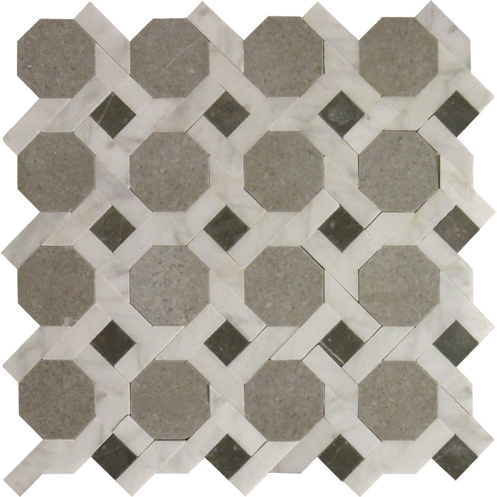 Closeup of Gray Marble Octagon Trellis Diamond Pattern Mosaic Tile
