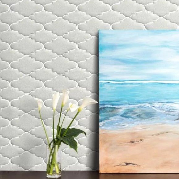 Off-White Crackled Porcelain Mini Arabesque Tile Accent Wall