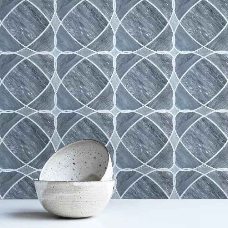 Palissandro Blue and White Thassos Marble Waterjet Mosaic Tile in Neptune - TileBuys