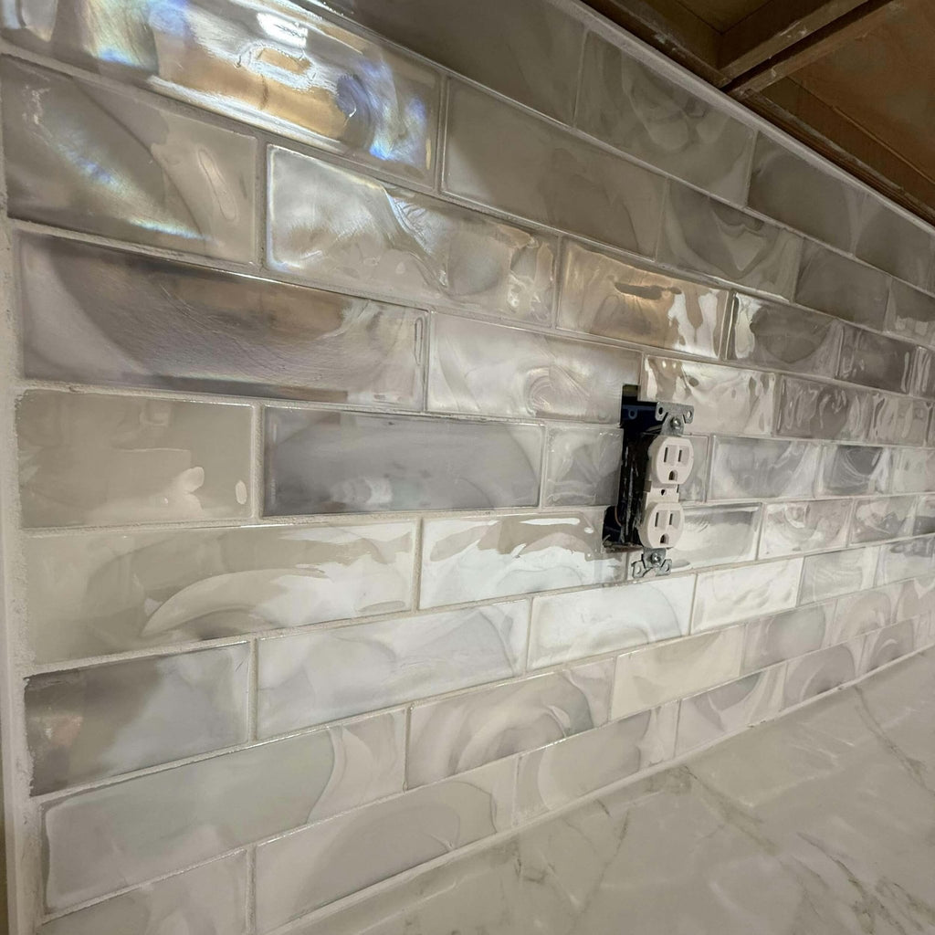 Pearlescent White Glazed Glass 2x6 Subway Mosaic Tile - TileBuys