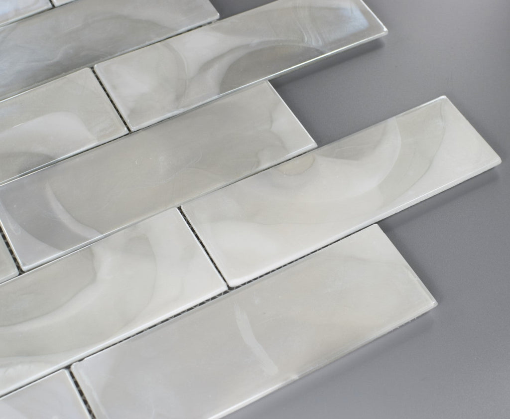 Closeup of Pearlescent Hot Glass 2x6 Subway Mosaic Tile