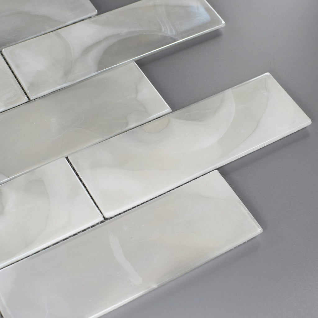 Closeup of Pearlescent Hot Glass 2x6 Subway Mosaic Tile