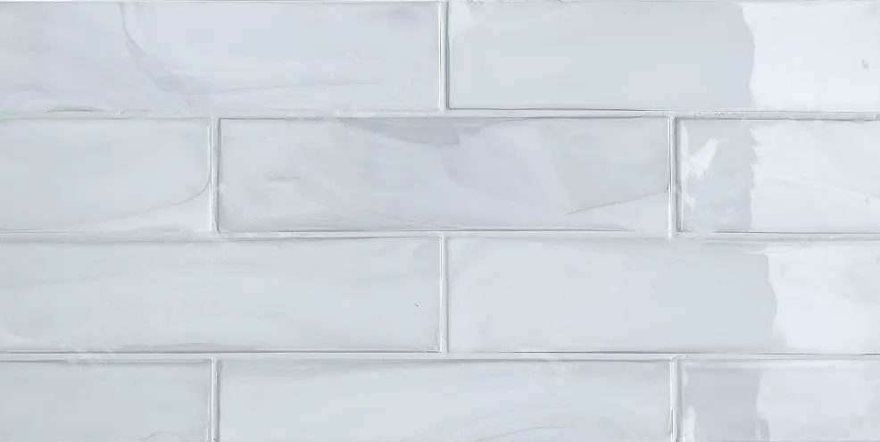White Pearlescent Glazed Glass Subway Tile Installed