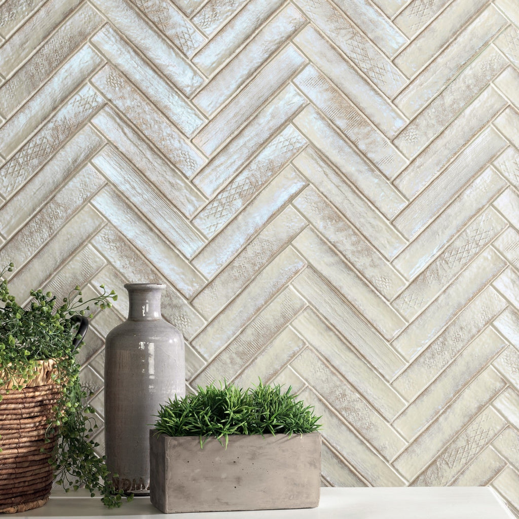 Perla Glossy Antique White Patterned Ceramic Thin Brick Tile - TileBuys