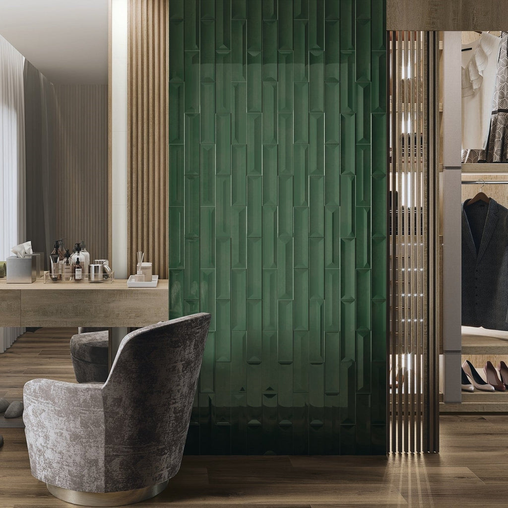 Refraction Ceramic 3D 3x12 Subway Tile in Glossy Palm Green - TileBuys