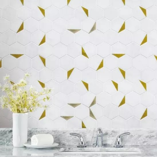 Royal White Marble Hexagon Tile with Gold Trim