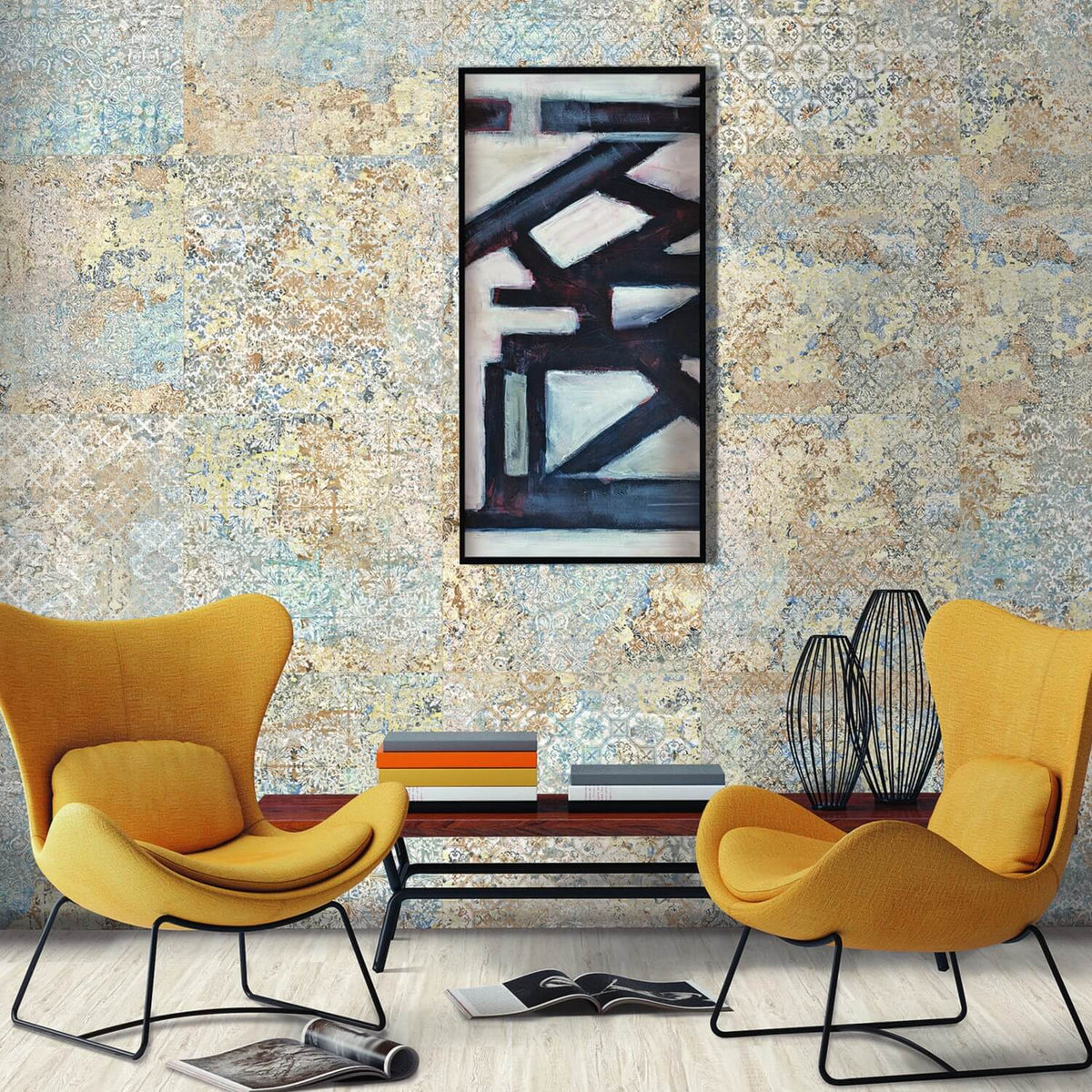 Rust Red, Boho Blue &amp; Cream Distressed Carpet Look Porcelain Tile - TileBuys