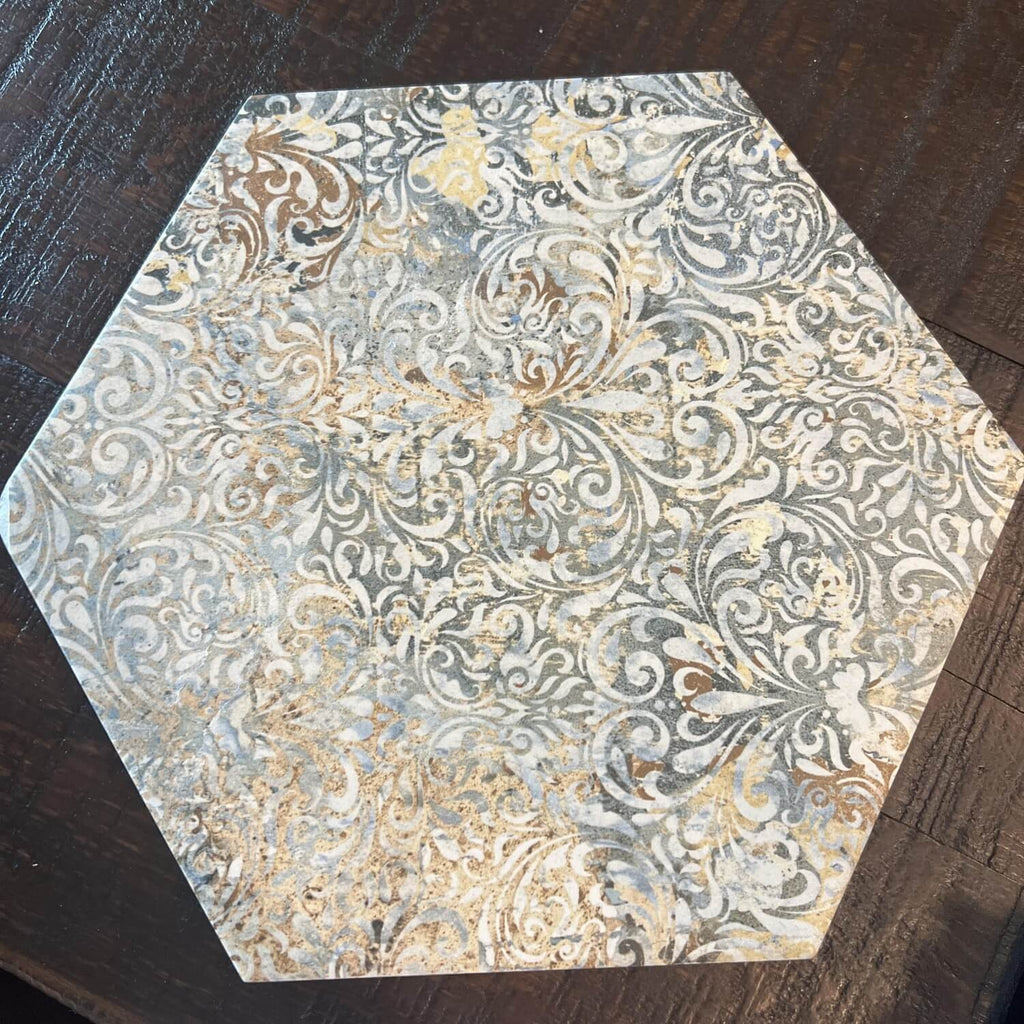 Rust Red and Boho Blue Carpet Look Hexagon Tile