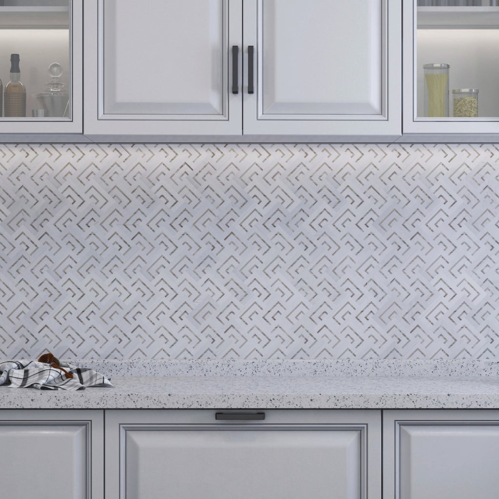 Savoy Dolomite and Wooden White Marble Geometric Mosaic Tile Backsplash
