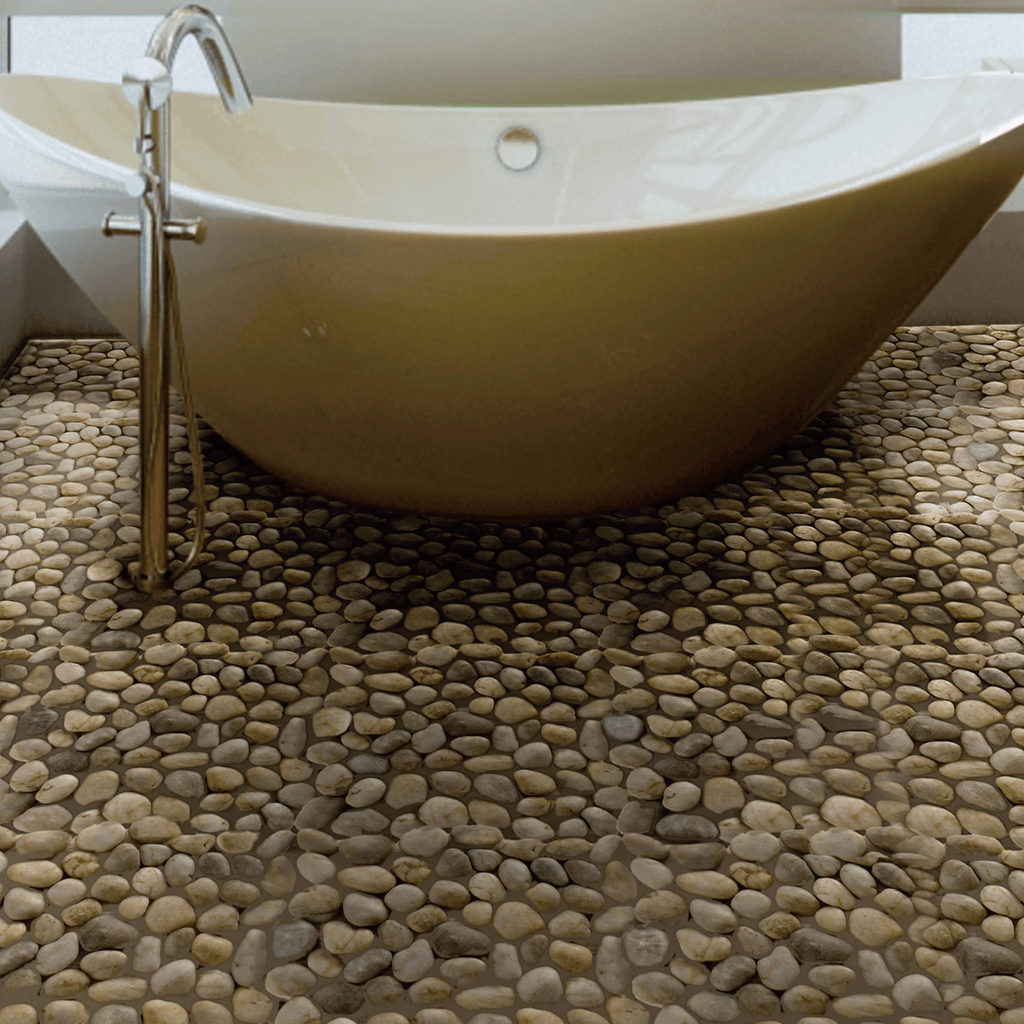 Silver Beige & Light Gray Flat Pebble Mosaic Tile for Bathroom Floors - TileBuys