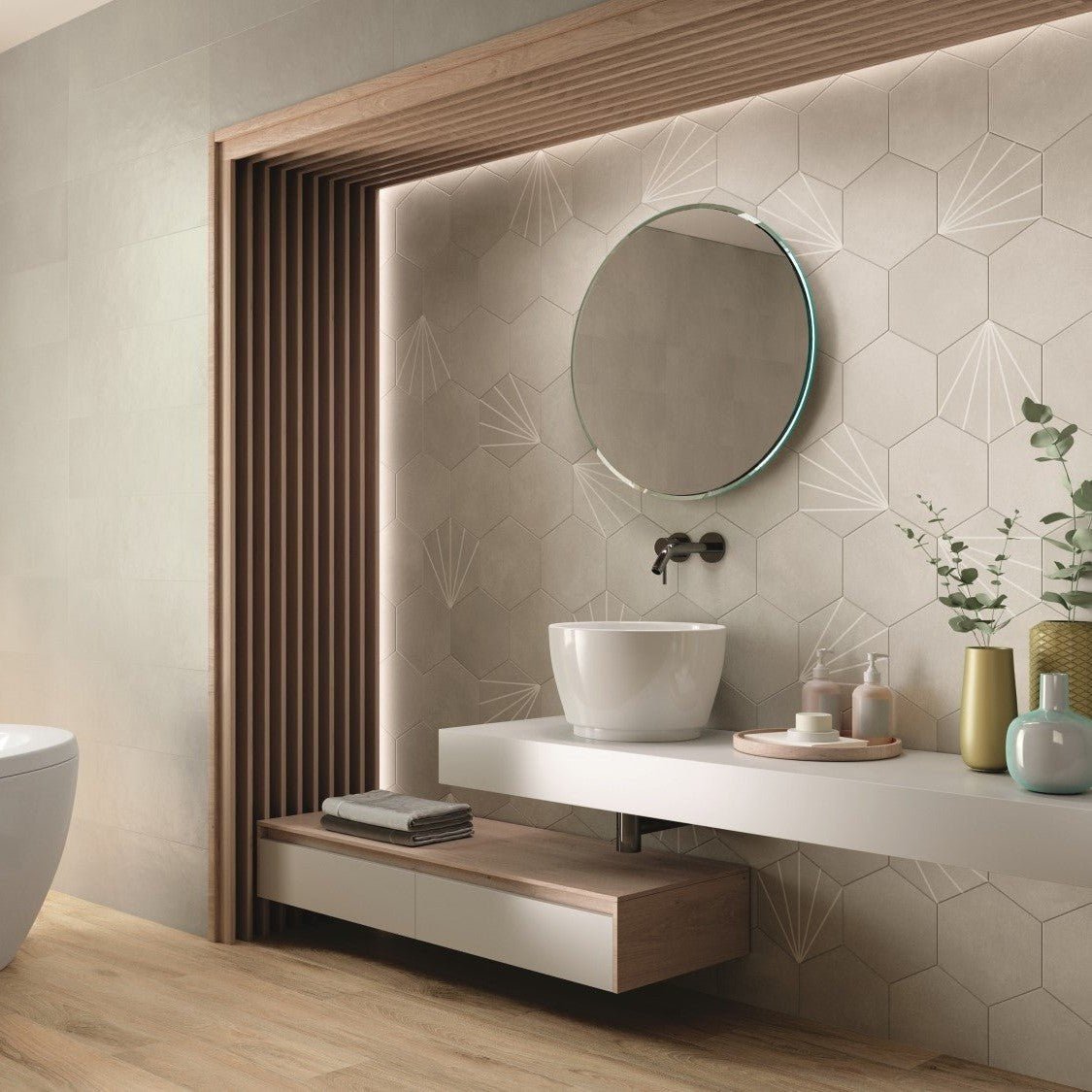Bathroom Backsplash with Mix of Solid Gray and Star Patterned Gray Hexagon TIles