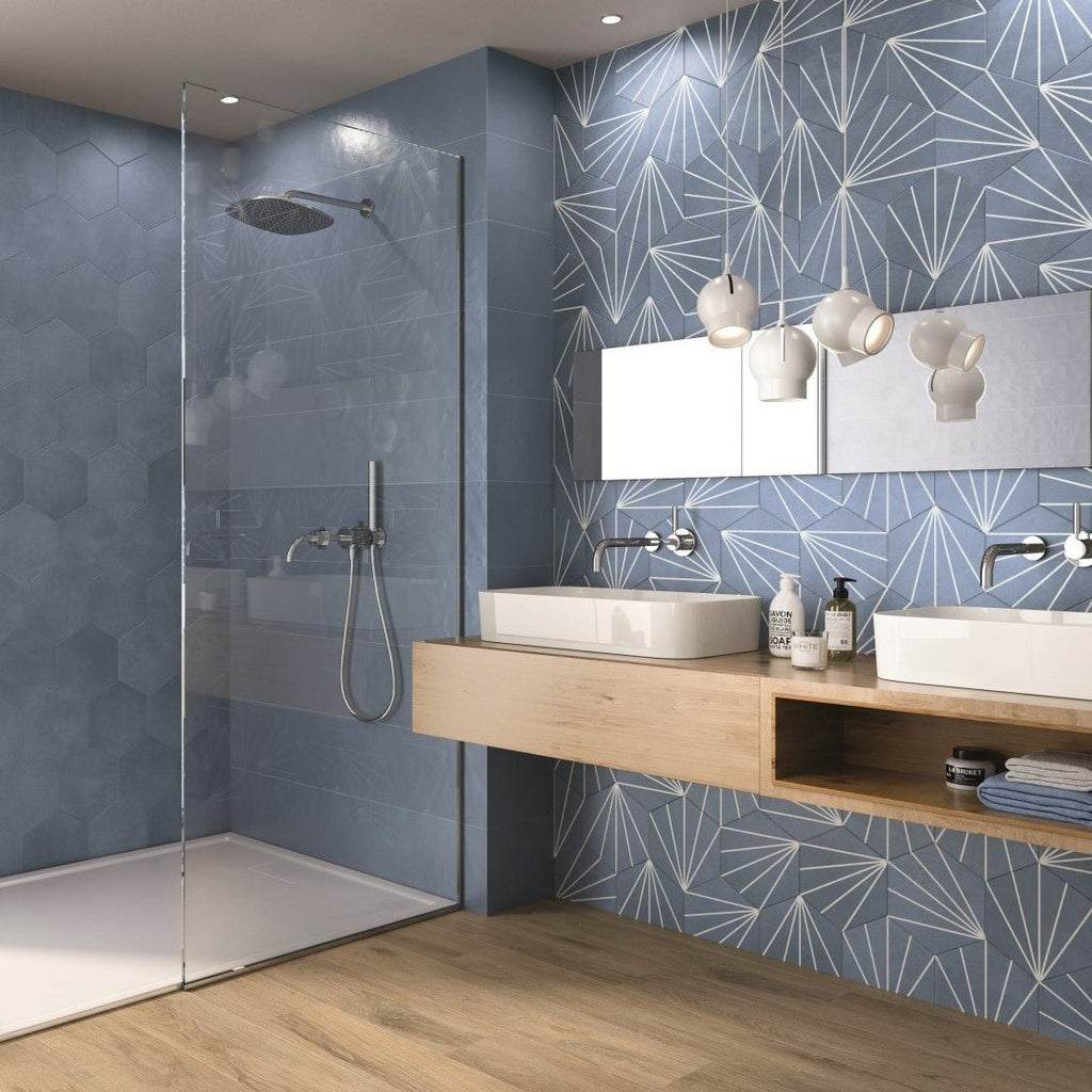 Starline Pattern Hexagon Porcelain Tiles in Sapphire Blue - TileBuys
