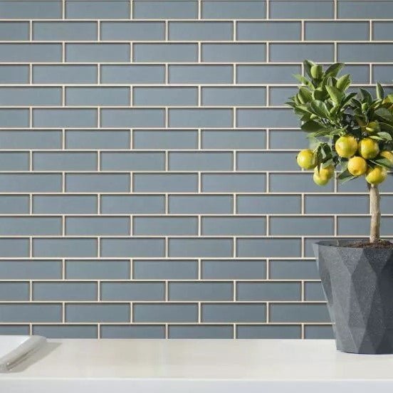 Steel Blue Glass Silver Trim 2x6 Subway Mosaic Tile Backsplash