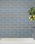 Steel Blue Glass Silver Trim 2x6 Subway Mosaic Tile Backsplash